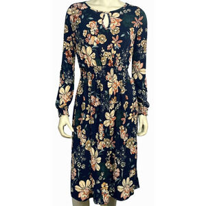 SJS Sz L Midi Dress Keyhole Neck Smocked Waist Navy Floral Stretch Jersey Knit